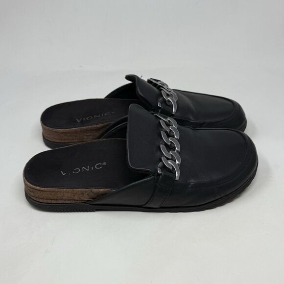 Vionic Georgie Mules Womens 8 Black Leather Silver Chain Slip On Comfort Flats - Picture 3 of 15